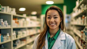 farmacêutico caucasiano mulher dentro frente do farmacia prateleiras. generativo ai foto