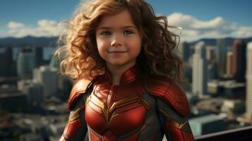 pequeno menina dentro uma Super heroi fantasia. generativo ai foto