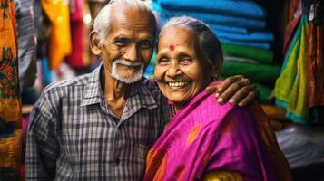 feliz indiano Senior casal. generativo ai foto