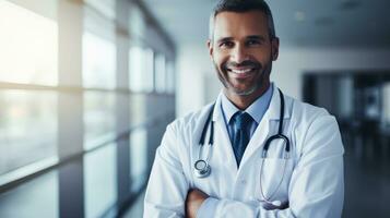 foto do uma masculino médico dentro a hospital. generativo ai