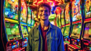 jovem homem rindo dentro frente do jogos máquinas dentro casino. generativo ai foto