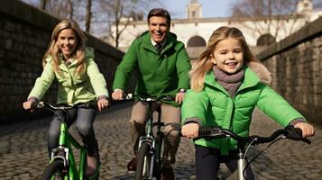 uma família equitação uma bicicleta e tendo Diversão. generativo ai foto
