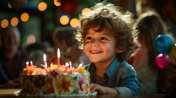 pequeno Garoto sopro Fora velas em dele aniversário bolo.. generativo ai foto