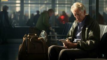 velho homem esperando às a aeroporto parece às dele telefone. generativo ai foto