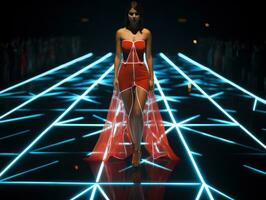 modelo dentro uma holográfico vestir com geométrico padrões, caminhando em uma futurista pista com flutuando luzes.. generativo ai foto