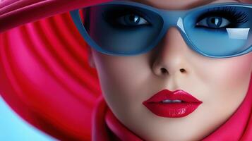 atraente mulher com óculos vestindo uma colorida equipamento refletindo anos 80 moda. generativo ai foto