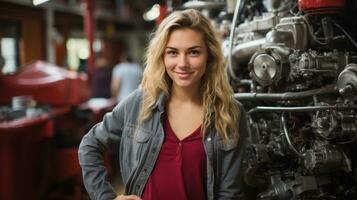 mulher engenheiro posando dentro uma fábrica. generativo ai foto