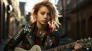punk rock Adolescência menina com uma estudado Jaqueta e guitarra.. generativo ai foto