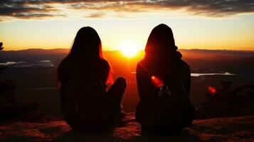 mulheres montanha caminhantes assistindo a pôr do sol visualizar. generativo ai foto