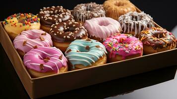 uma caixa preenchidas com uma dúzia sortido donuts.. generativo ai foto