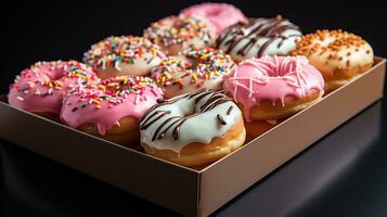 uma caixa preenchidas com uma dúzia sortido donuts.. generativo ai foto