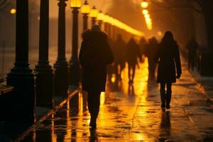 multidões do pessoas caminhando em a rua dentro a tarde dentro chuvoso clima. generativo ai foto