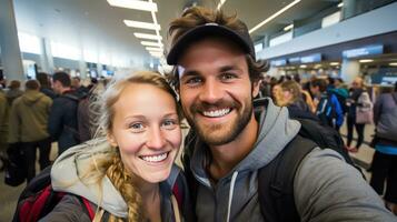 uma jovem casal viajando junto. generativo ai foto