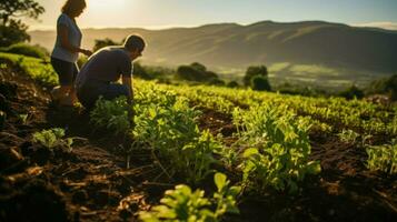 fotografia do uma agricultor dentro uma campo do vegetação. generativo ai foto