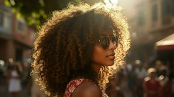 atraente jovem mulher com encaracolado cabelo. generativo ai foto