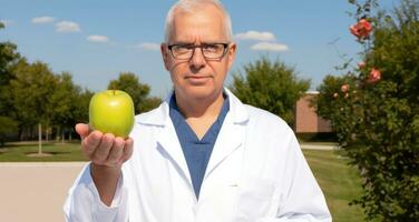 uma médico segurando a maçã. generativo ai foto