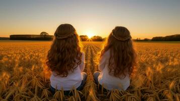 dois jovem meninas olhando às a pôr do sol dentro uma campo. generativo ai foto