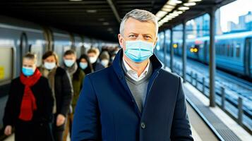 meia idade homem dentro azul vestindo uma mascarar ao ar livre. generativo ai foto