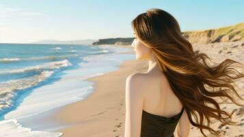 ásia mulher com grandes cabelo em a praia.. generativo ai foto