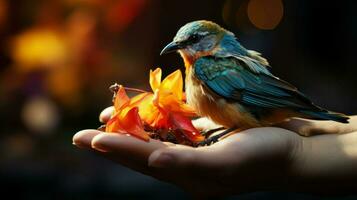mão abraçando uma pequeno pássaro.. generativo ai foto