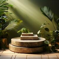 colocada em uma de madeira plataforma com uma frondoso sombra. brincar para uma cosméticos ou beleza produtos. pedestal do natural pedra passos. moderno e na moda gráfico e bandeira. generativo ai foto