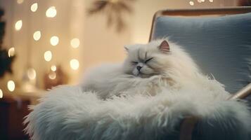 lindo branco gato deitado em a sofá dentro a vivo sala. ai gerado foto