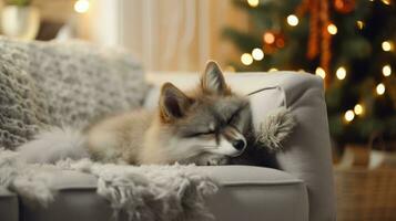 fofa pequeno Raposa dormindo em sofá dentro quarto com Natal árvore e luzes ai gerado foto