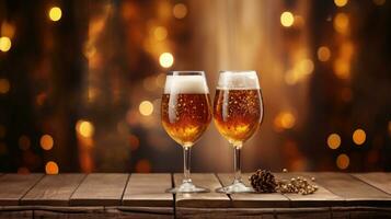 ai generativo dois óculos do Cerveja em de madeira mesa com Natal luzes. bokeh fundo. elementos do Natal decoração em a mesa. foto