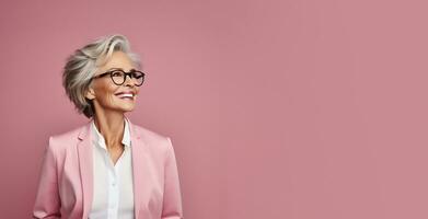 55 anos sorridente mulher com cinzento cabelo em uma Rosa bandeira fundo. ai generativo foto