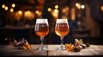 dois óculos do Cerveja em uma de madeira mesa com bokeh luzes dentro a fundo. outono seco folhas em a mesa. ai imagem foto