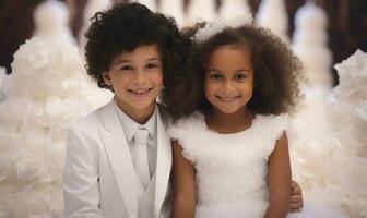 dois crianças vestido dentro branco. Casamento fundo. flor menina e anel O portador. ai gerado foto