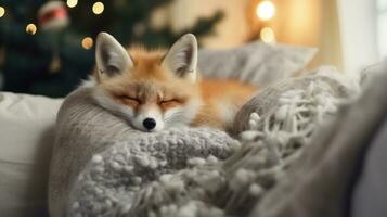 ai gerado fofa pequeno Raposa dormindo em sofá dentro quarto com Natal árvore e luzes foto
