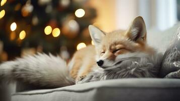 ai gerado fofa pequeno Raposa dormindo em sofá dentro quarto com Natal árvore e luzes foto