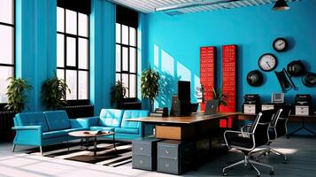 ai generativo moderno escritório interior Projeto com azul paredes, de madeira chão, linhas do computador mesas e azul poltronas. foto