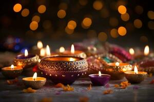 muitos velas luzes e bokeh comemoro indiano feriado diwali. ai generativo. foto