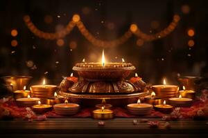 muitos velas luzes e bokeh comemoro indiano feriado diwali. ai generativo. foto