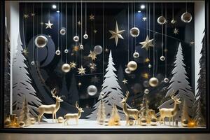 fazer compras janela com festivo branco dourado Natal decorações ideia. ai generativo foto