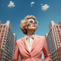 55 anos o negócio mulher com cinzento cabelo contra a céu cidade fundo. ai generativo foto