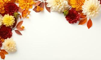 ai gerado outono flores quadro, Armação em de madeira fundo. sazonal amarelo e vermelho flores outono fundo. espaço para texto. foto