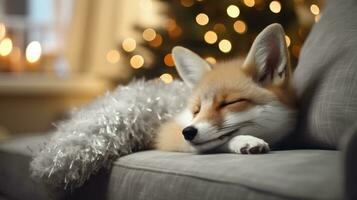 fofa pequeno Raposa dormindo em sofá dentro quarto com Natal árvore e luzes ai gerado foto