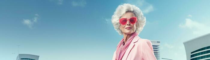 55 anos o negócio mulher com cinzento cabelo contra a céu cidade bandeira fundo. ai generativo foto