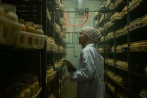 jovem ásia muçulmano fêmea cientista fazendo pesquisa às uma cogumelo fábrica, examinando cogumelo fermento agente dentro uma estéril e com temperatura controlada sala. foto