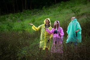 grupo do amigos dentro capas de chuva com mochilas em uma caminhar dentro a floresta, preparar para caminhada depois de a chuva tem parou. foto