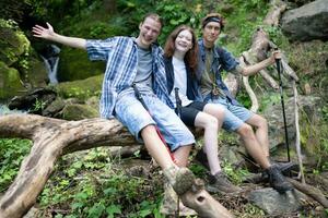 grupo do amigos com mochilas e Gravetos sentado em uma caído árvore, levar uma pausa durante a caminhar foto