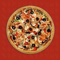 pizza saborosa com cobertura varian issolated no fundo padrão foto