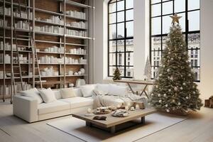 apartamento loft interior com Natal árvore e branco decorações. ai generativo foto