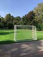 esvaziar escola futebol campo, portões dentro a primeiro plano, verde grama, panorama foto