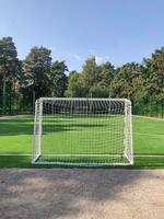 futebol campo cercado de alta árvores, paisagem, futebol objetivo dentro a primeiro plano, verde gramado foto