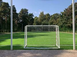 escola futebol campo, portões dentro a primeiro plano, verde gramado foto