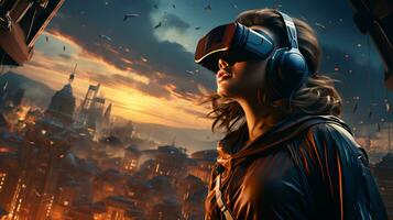 uma jovem menina vestindo aumentado realidade óculos dentro uma computador jogos dentro a virtual mundo foto